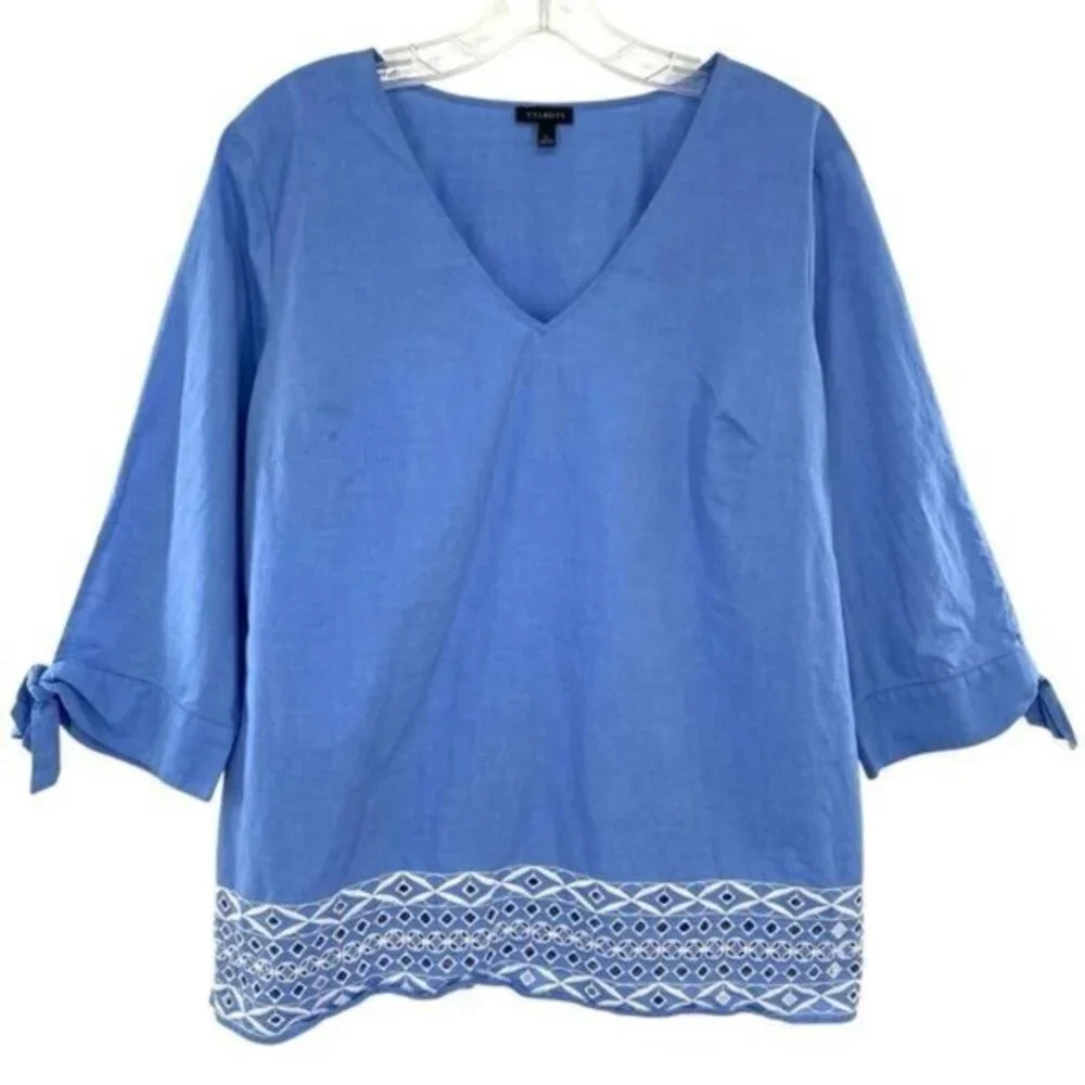 Talbots Eyelet Cotton Blue Chambray Top Size Large - Picture 1 of 9